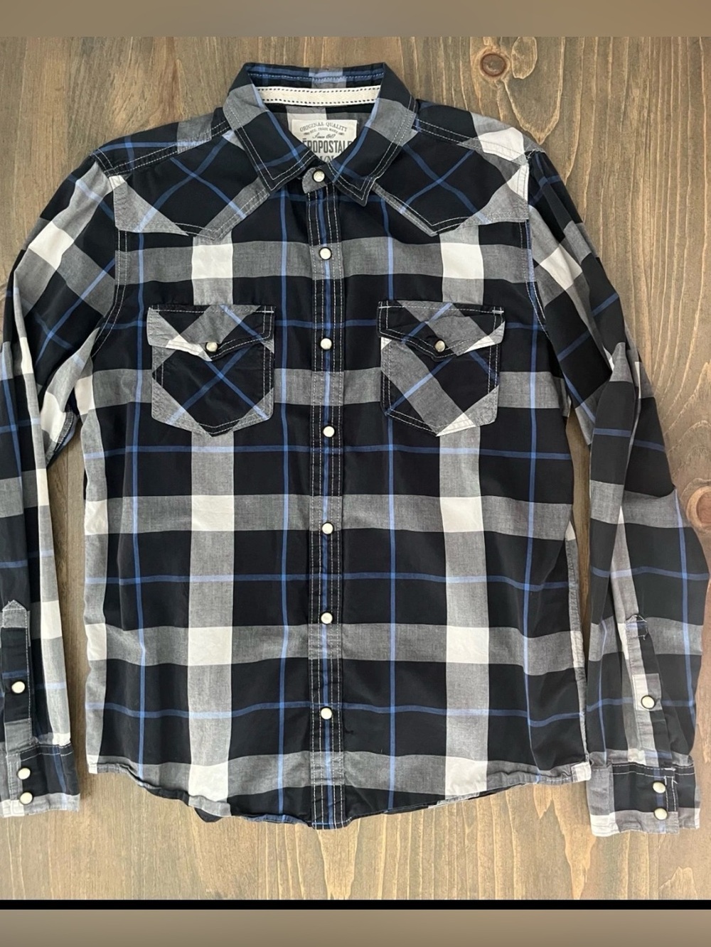 Aeropostale Men's Black, White & Blue Plaid Western Button-Down Shirt